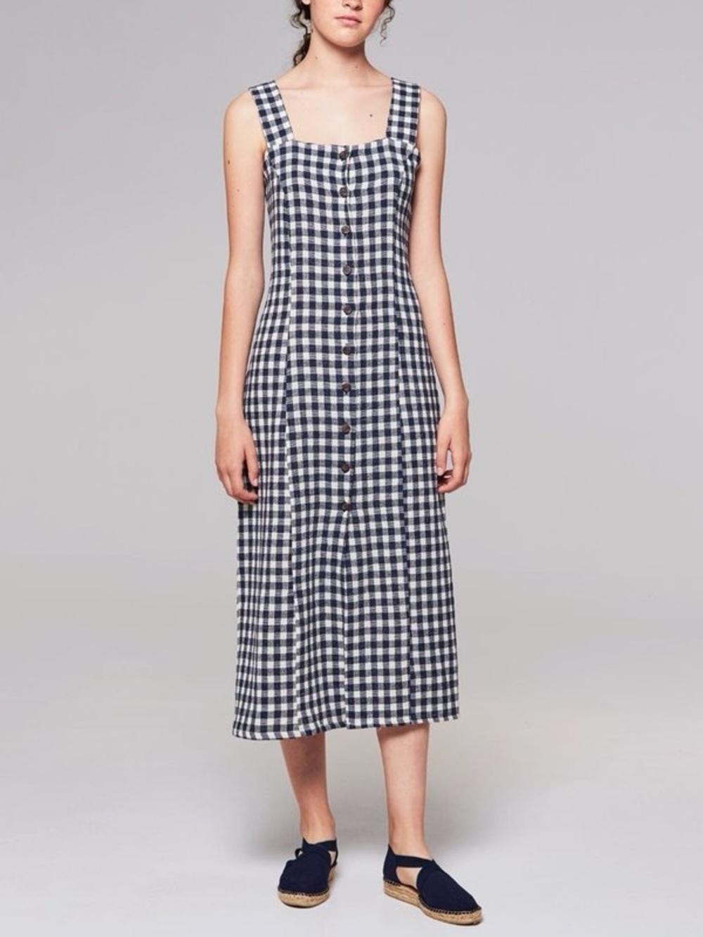 Rita Row Stefan Dress Small Navy Gingham Midi Button Front Linen Blend Portugal